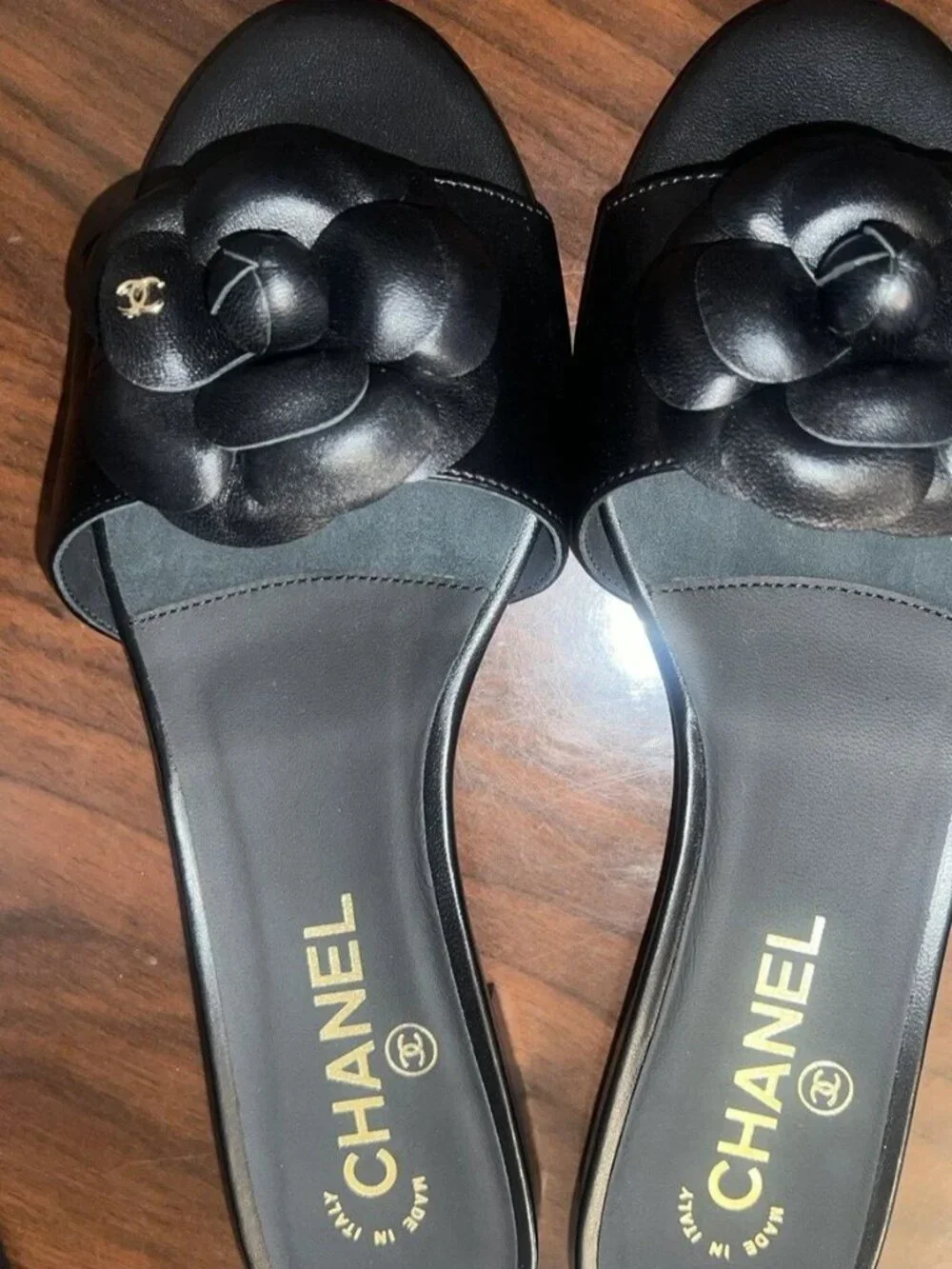 Chanel Camellia Flower Slides CC logo Mules Sandals, sz38